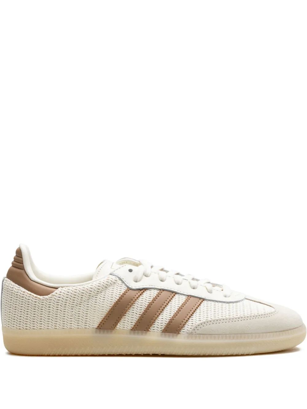 Adidas Samba OG sneaker in the "Cream White/Cardboard" colorway, featuring a breathable cotton mesh upper and suede overlays.