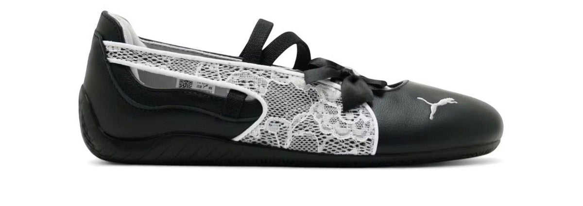Puma Speedcat Ballet Lace Black women's sneakers featuring a white lace overlay and a black satin bow.