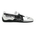 PUMA Speedcat Ballet Lace Silver women's sneakers featuring a metallic silver upper with black lace overlays