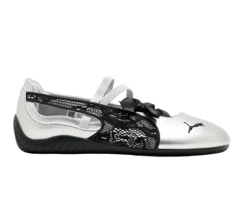 PUMA Speedcat Ballet Lace Silver women's sneakers featuring a metallic silver upper with black lace overlays